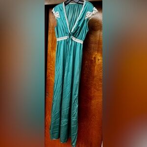 Teal Lace-Trim Vintage Maxi Night Gown with Tie Front M